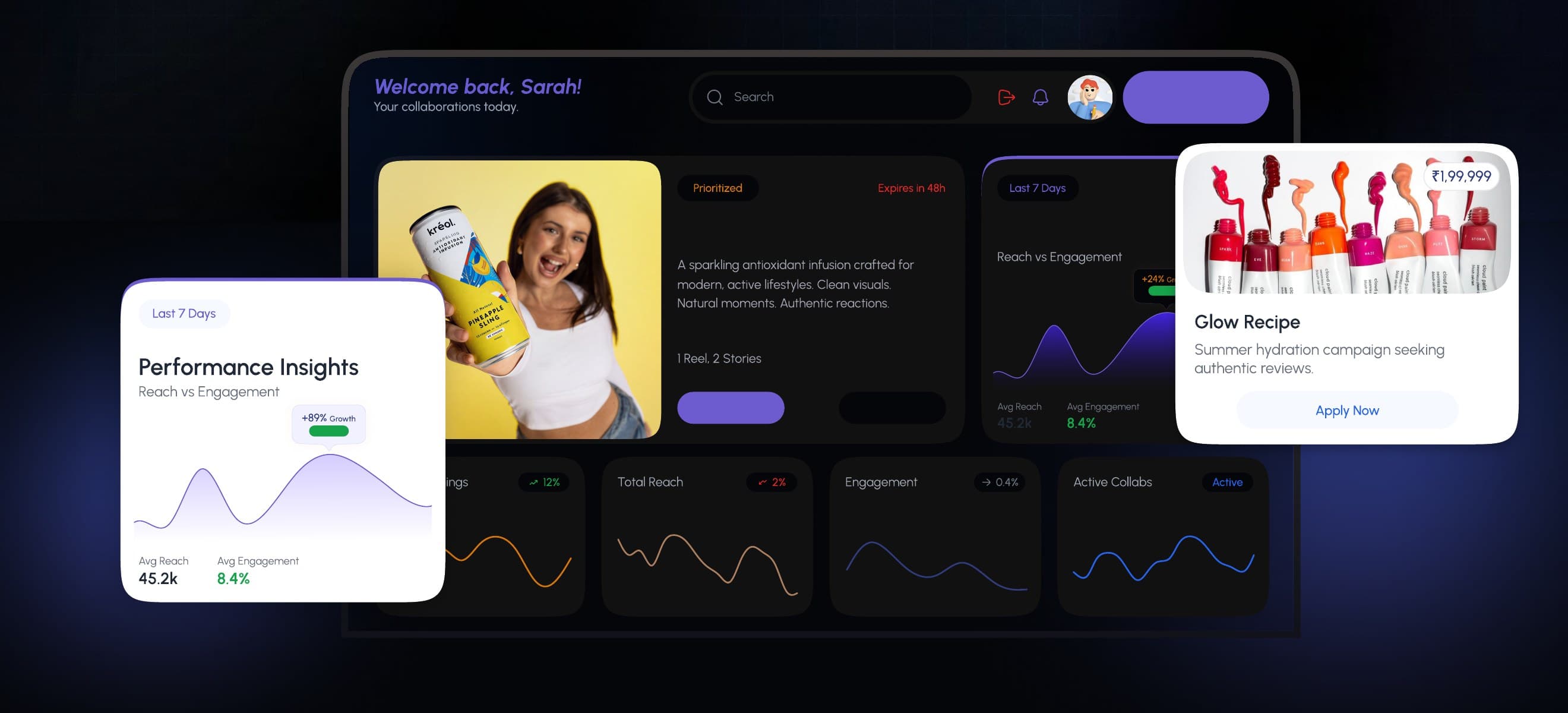 The Afluencer creator dashboard, showing an active Kreol campaign, performance insights and earnings